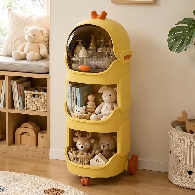 Rolling Nursery Organizer with Lockable Wheels, 3-Tier Baby Storage Shelf with Dustproof Top Bin, Mobile Organizer Cart for Diapers, Bottles, Toys, Nursery, Playroom & Bedroom