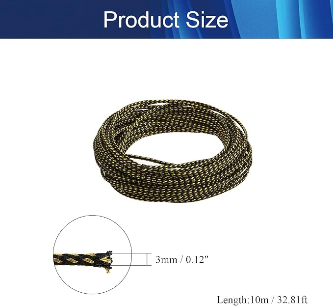 Jutagoss PET Expandable Braided Cable Sleeve, 32.8ft - 1/8 inch Black Gold Cable Management Sleeve, Wire Loom Tube Cord Protector for USB Cable, Power Cord, Audio Video and More, 1Pc