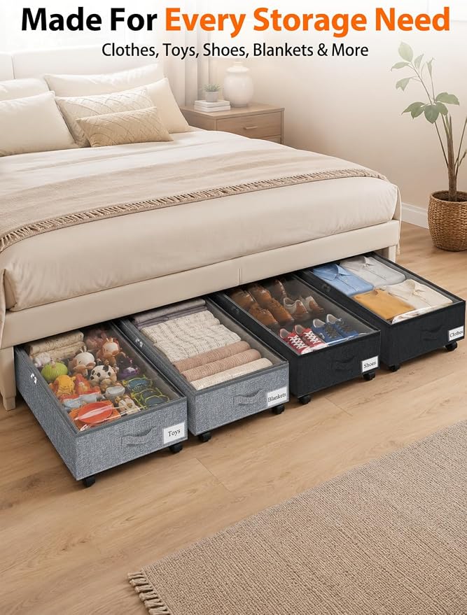 punemi 10 inch Tall 75L Under Bed Storage Bins with Wheels, 2-Pack, Gray | 5-Wheel Rolling Organizers with Clear Lids, for Clothes, Shoes and Blankets, Underbed, Closet & Dorm Organizataion