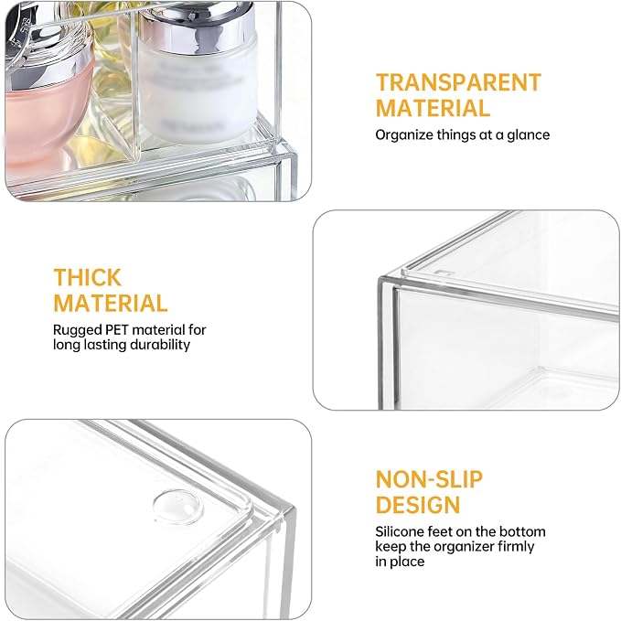 PAVSTINE Medicine Cabinet Organizer 3 Pack, Plastic Stackable Storage with 2 Drawers, Bathroom Mirror Cabinet Organizer with Removable Dividers for Wall Cabinet, Vanity, Countertop, Clear