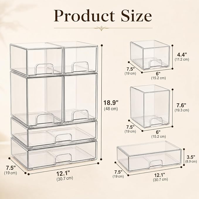 Clear Stackable Storage Drawers: Acrylic Organizer Bins 6 Pack | for Baby Bottle makeup Ideal for Countertop, Vanity, Station, Bathroom, Kichen Cabinet Pantry Organization