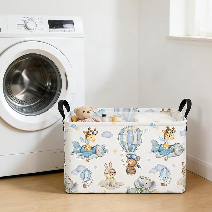 Rectangle Foldable Storage Basket Handles For Home, Airplane Animal | Waterproof canvas material, reinforced handles, perfect for shelf use, organizes clothes, daily items and pet supplies