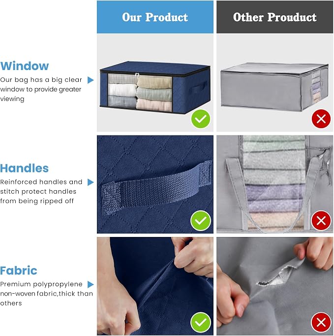 HomeHacks 4-Pack Clothes Organizer Storage Bags, 35L Storage Bins, Blue | Foldable Storage Box Container with Zippers, Clear Window, Reinforced Handles for Closet, Dorm, Pillows, Bedding, Sweater