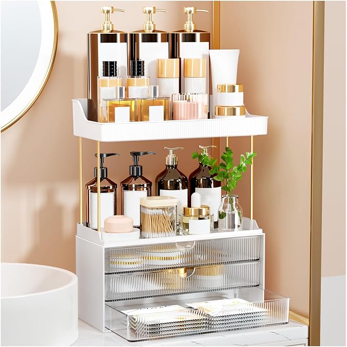 StorBin Arcylic 5-Tier Makeup & Skincare Organizer for Vanity, Bath | Smooth 3 drawers, clear body, gold frame, non-slip, for perfumes, serums, face masks, palettes, vanity & bath counter,Clear