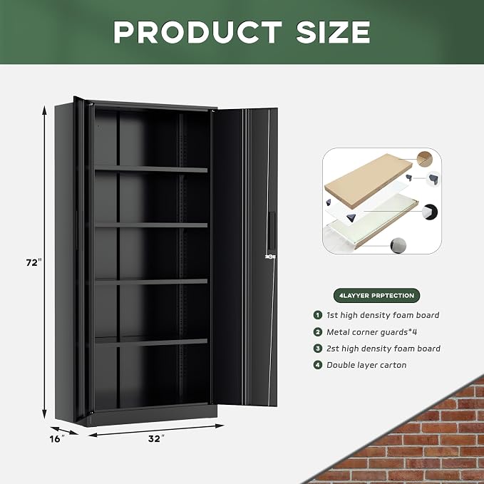 Greenvelly Metal Storage Cabinet, 72" Black Metal Locking Storage Cabinet with Doors and 4 Adjustable Shelves, Large Steel Cabinet for Home Office, Garage, Shop, School (32" W x 16" D)