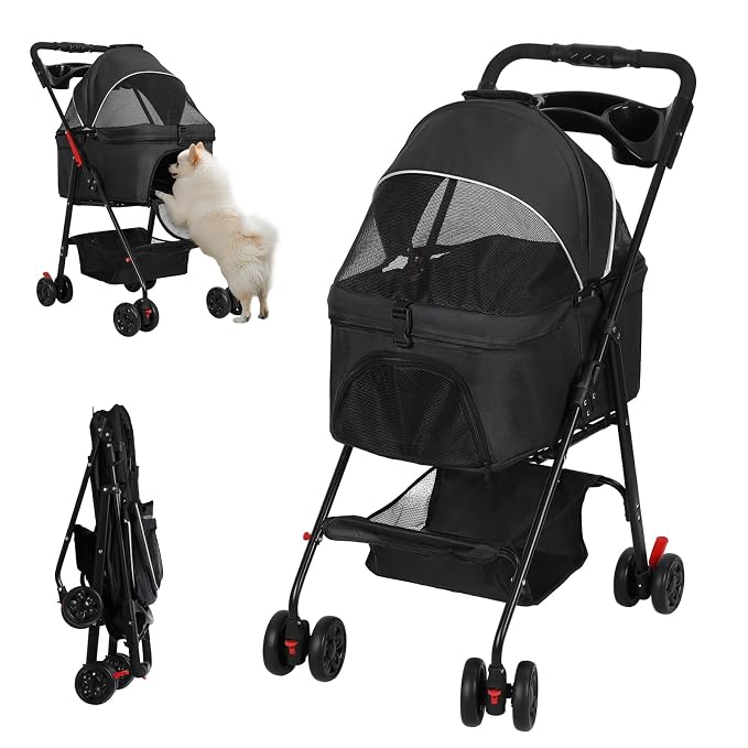 4 Wheels Pet Stroller,Dog and Cat Foldable Strollers, Removable Carrier, Breathable Mesh Canopy, Storage Basket and Cup Holder, Lightweight Travel Carrier, Pet Carrying Cart for Walks Outings Shoppin
