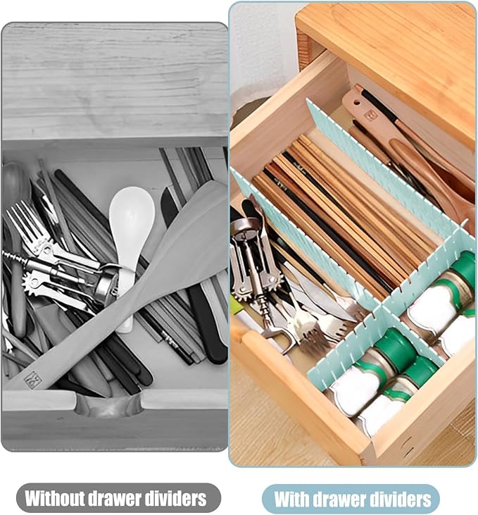 JEPELUS 40Pcs Adjustable Drawer Dividers, Drawer Separators Kitchen | 14.5x2.7In, Blue, Plastic, Drawer Divider for Bathroom Office Nursery, Baby Clothes Dresser Sock Underwear Makeup Storage