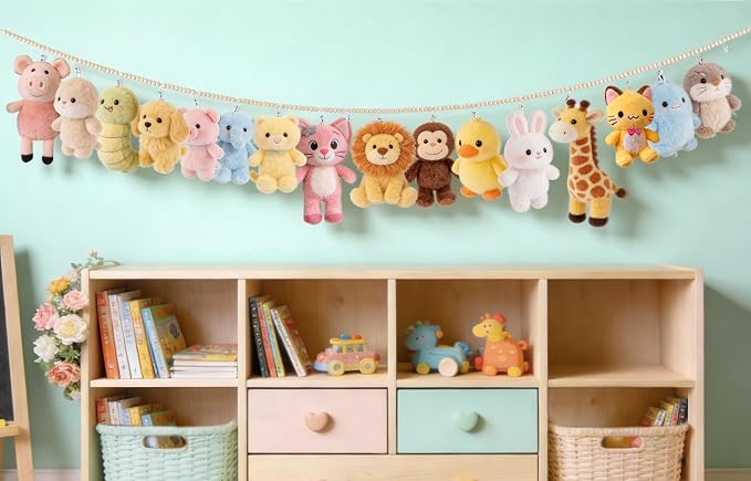 Mkono 2 Pack Hanging Stuffed Animal Storage Hanger Nursery Wall Decor Boho Wood Beads Plushies Holder Display with 40 Clips Hanging Baby Hat Socks Photo Artwork for Kids Room Playroom Bedroom, 76”
