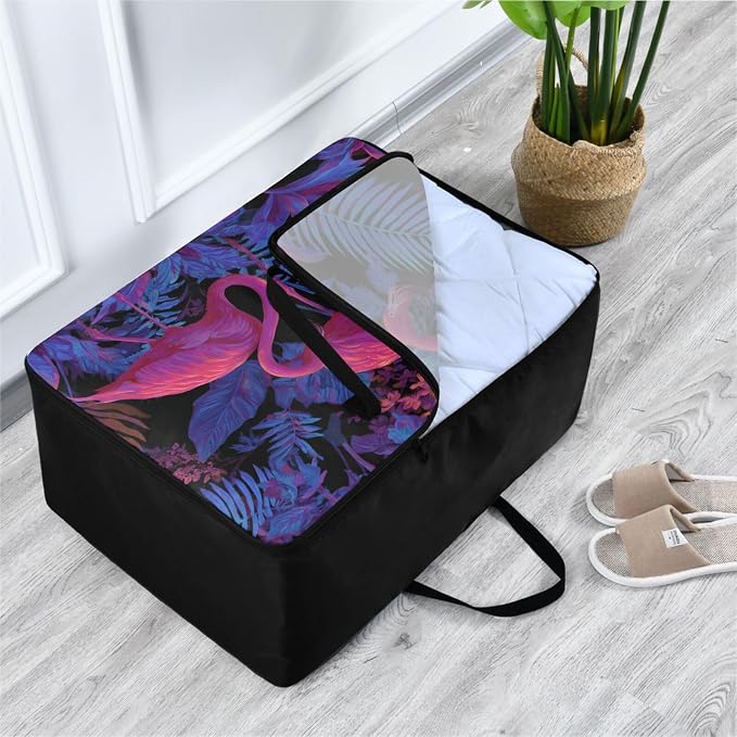 Comforter Storage Bags Large Folding Blanket Organizer Bag with Strong Handles Clear Window Closet Storage Containers for Clothes King Queen Pillows Bedding Quilt Duvet Blue Purple Flamingo Pal