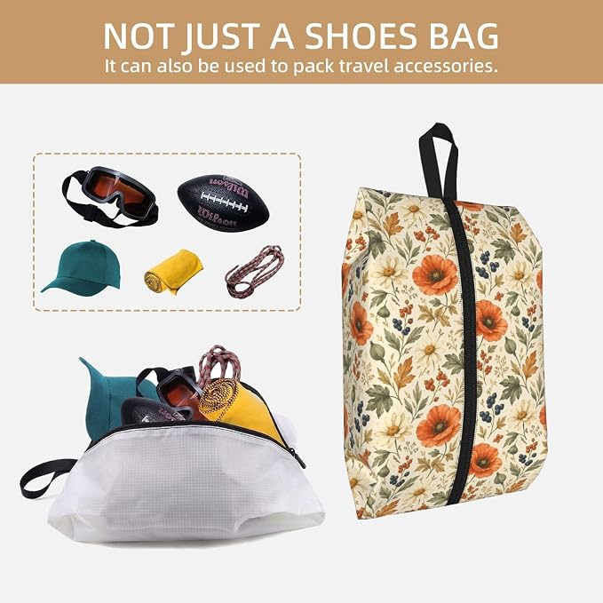 Autumn Wildflower & Berry Travel Shoe Bag for Men & Women, Waterproof Shoe Storage Organizer with Zipper, Portable Shoe Pouch for Sneakers, Heels, Sandals, Gym & Travel Luggage 2PCS