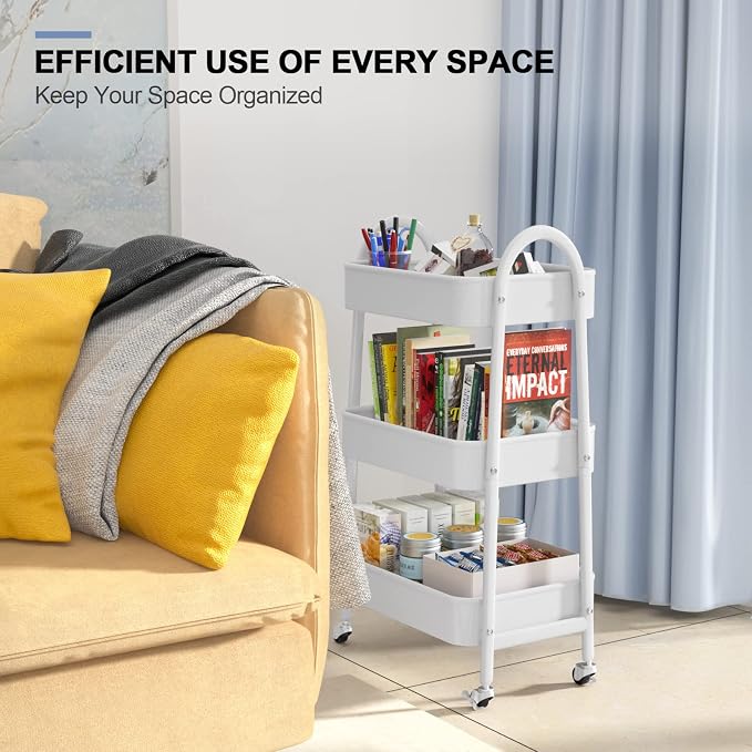 3 Tier Utility Rolling Cart, Metal Storage Cart with Handle and Lockable Wheels, Multifunctional Storage Organizer Trolley with Mesh Baskets for Kitchen, Living Room, Office, Garage (White)