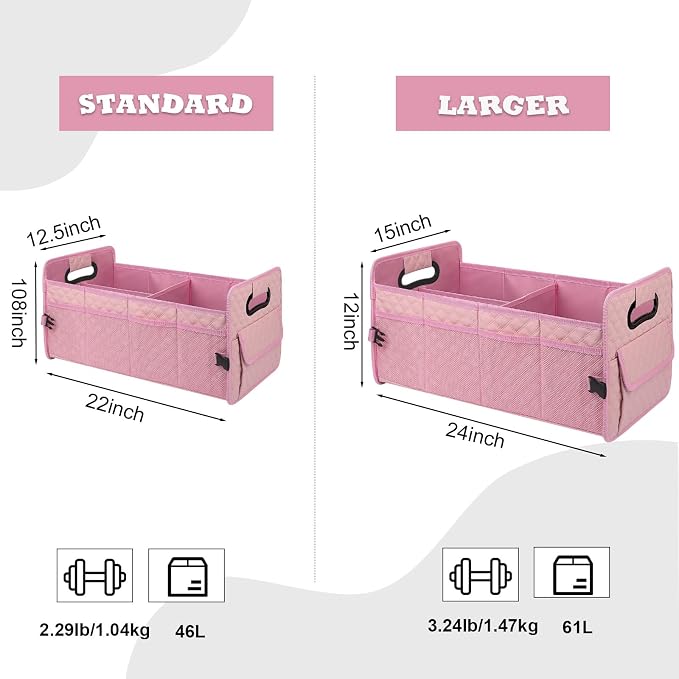JiatuA Car Trunk Organizer for SUV, Collapsible Car Storage Organizer Pink | Sturdy, Large Capacity, Diamond Decor, Multi Compartment Container Box Adjustable Car Accessories for Sedan Truck