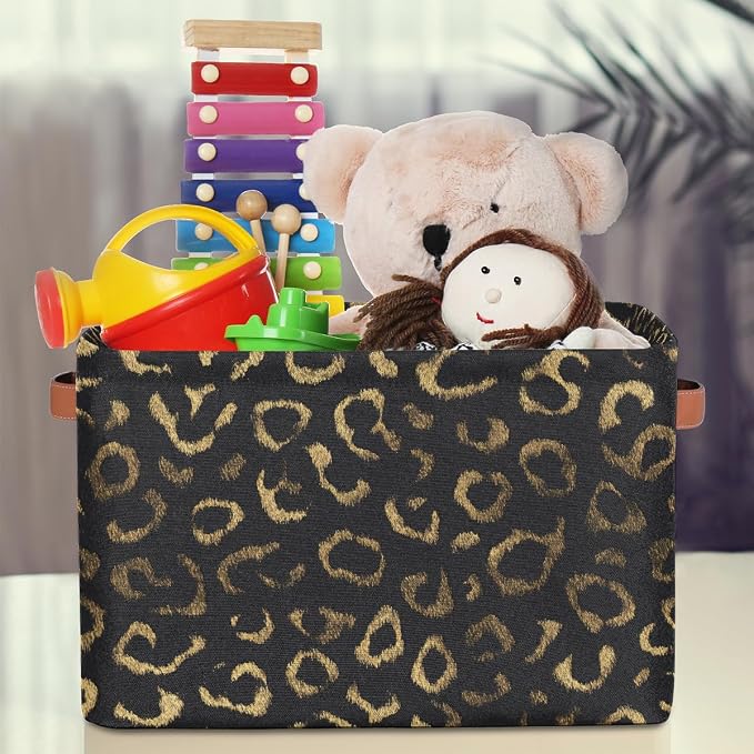 Pardick Black Gold Leopard Basket Storage Bins Large Fabric Toys Storage Cube Box with Handles Collapsible Closet Shelf Cloth Organizer Basket for Nursery Bedroom Bathroom Holiday Gift