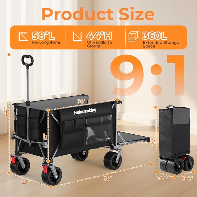 58" L Extender Collapsible Wagon, Extra Long with Tailgate | Foldable Wagon Cart, Heavy Duty Rolling Utility Cart with All-Terrain Big Wheels for Camping Shopping Sports Beach, Black