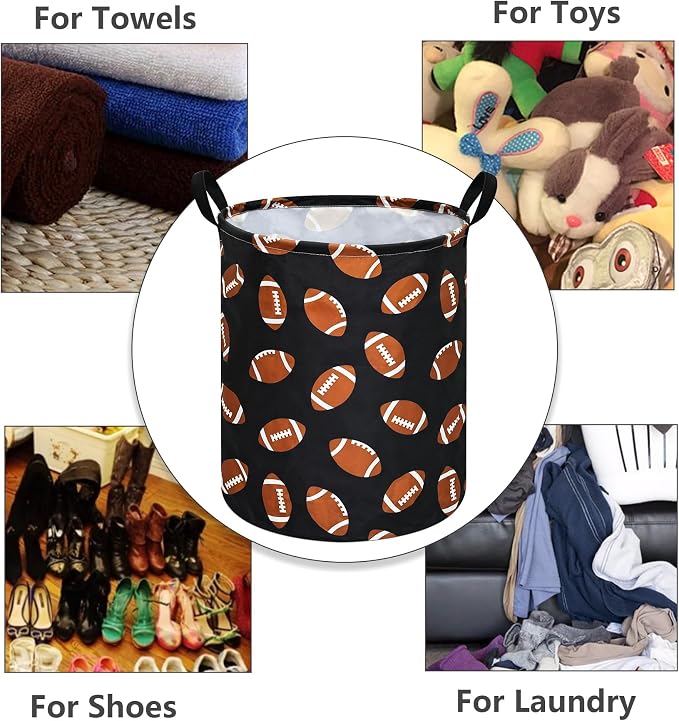 MAIZMZ Rugby Sport Print Storage Basket Kids Hamper, 15.7"D x19.7"H,Waterproof Lining, Leather Handles, Collapsible for Laundry, Sports Gear, Boys Gift