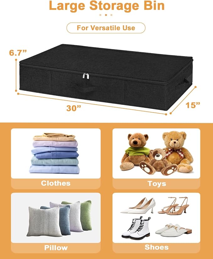 punemi 50L Under Bed Storage Container with Zipper Lid, 3Pack, Black | Sturdy Sides and Bottom wieh Ultra-Thick Fabric and 3 Handles, Foldable Design, for Blanket & Shoe Storage, Clothes Organizer