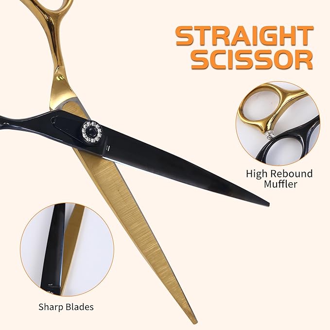 7 Inch Professional Dog Grooming Scissors Kit, 6 in 1 Grooming Scissors for Dogs, Pet Grooming Shears Set, Straight Scissor & Thinning Shear & Curved Scissor & Chunker Shear (Black Gold)