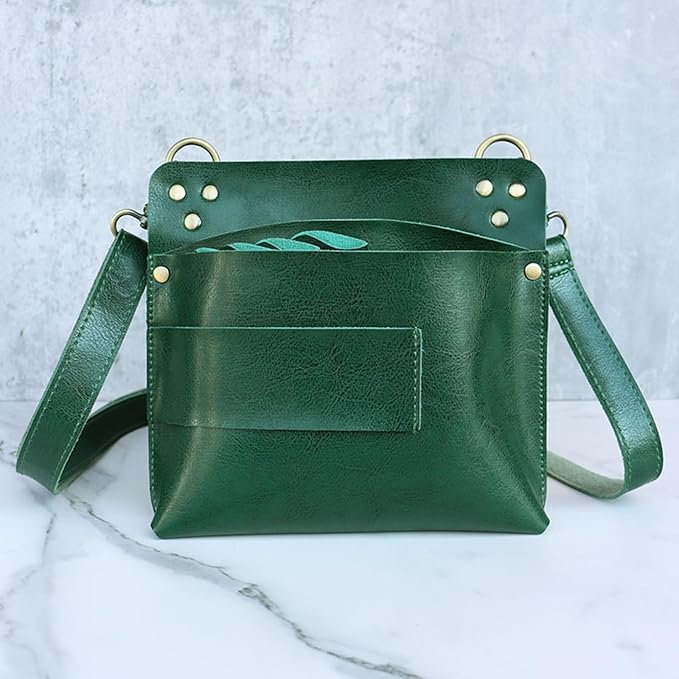 Fabater Retro Barber Scissors Bag, Hairstylist Waist Bag 7-Slot PU Leather Tool Pouch for Scissor Hair Clips Combs Clippers Spray Bottle, Adjustable Crossbody (Dark green)