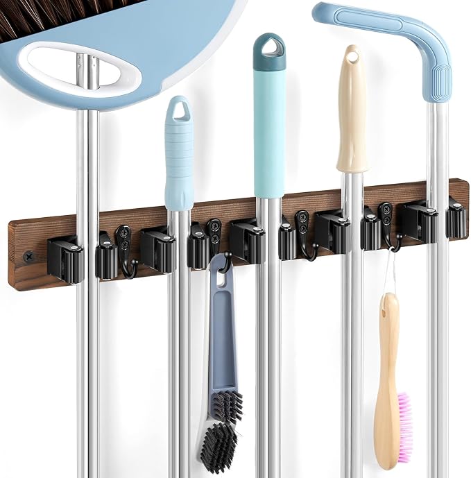 Brown Broom Holder Wall Mount - Heavy Duty Wood Mop and Broom Organizer with 5 Slots & 4 Hooks - Rustic Garden Tool Hanger for Laundry Room Closet Kitchen Garage Storage and Organization
