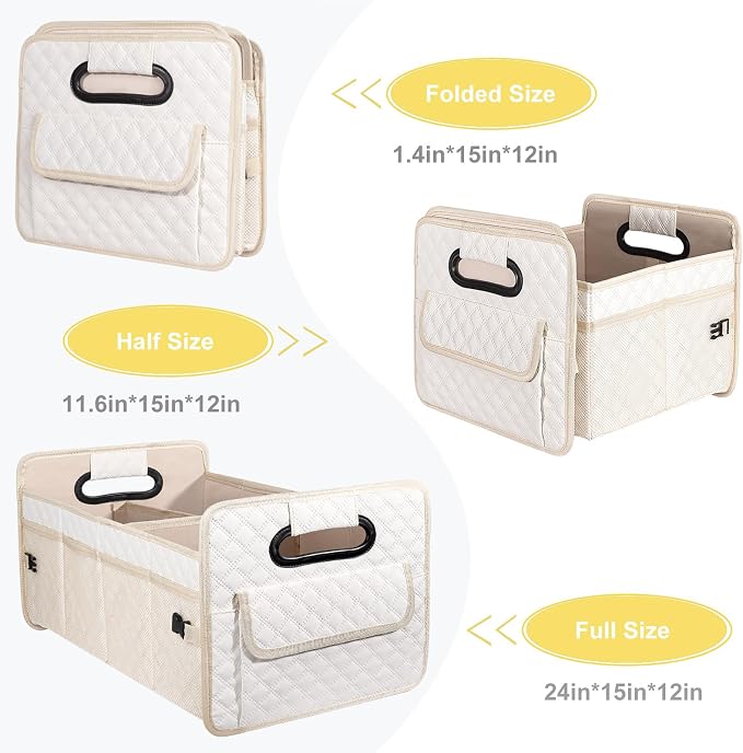 Car Trunk Organizer for SUV, Collapsible Car Storage Organizer Large Beige | Sturdy, Strong Capacity, Diamond Decor, Multi Compartment Container Box Adjustable Car Accessories for Sedan Truck