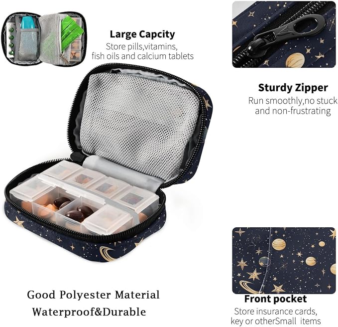 Fustylead Beautiful Celestial Constellation Stars and Planets Travel Pill Case Bag with Zipper Weekly Pill Box 8 Compartments 7 Day Personal Pill Case Purse Medicine Case Organizer