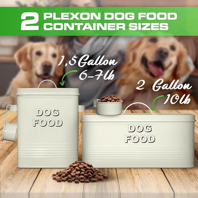 Plexon Metal Dog Food Storage Container with Scoop - Small Dog Food Container 10lbs Holder Treat Jar Bin with Lid - Pet Chow Storage Canister Tin, 2 Gallon, Off-White