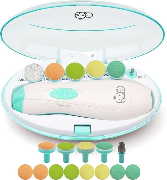 Royal Angels Upgraded 21 in 1 Baby Nail Trimmer with Labeled Case, 13 Extra Replacement Pads, Safe Electric Baby Nail File Kit for Newborn & Toddler, Whisper Quiet Nail Clipper with LED Light (Green)