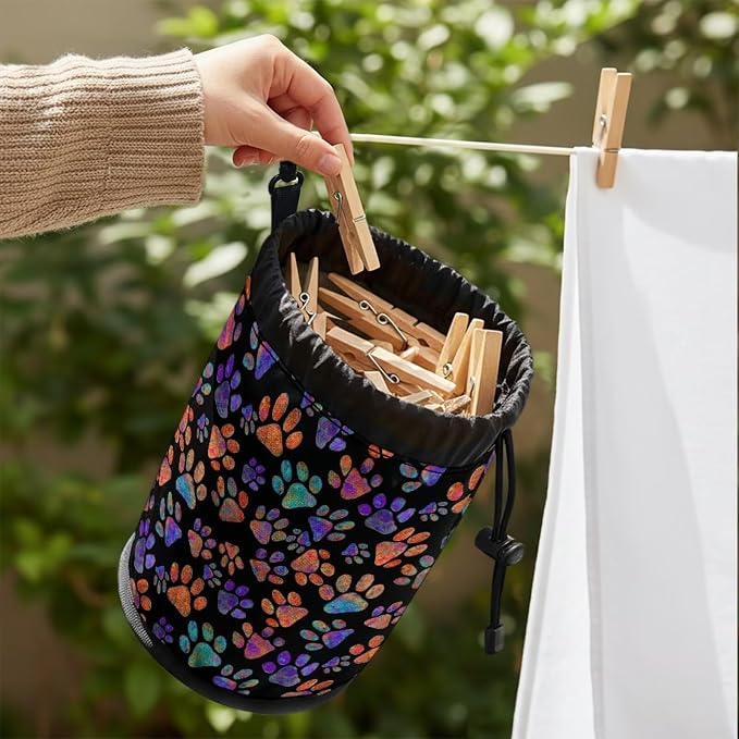 Dog Paw Portable Clothespin Organizer Bag, Drawstring Laundry Peg Storage Pouch with Hanging Loop, Compact Clips Holder for Drying Rack, Camping, Beach, Home