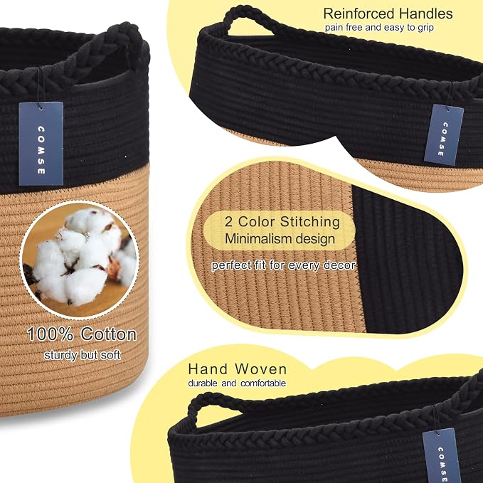 COMSE XXXLarge Woven Blanket & Laundry Basket, 87L, Black & Camel | 21.7" x 13.8", Cotton Rope, Nursery Hamper for Storage of Toys Clothes Towels, Ideal for Living Room Bedroom Bathroom
