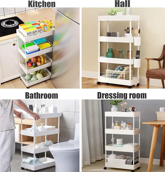 4 Tier Slim Rolling Utility Kitchen Cart Bathroom Organizer for Narrow Places Multipurpose Storage Shelve Mobile Trolley for Bedroom Laundry Office Restaurant Garage Pantry (White)