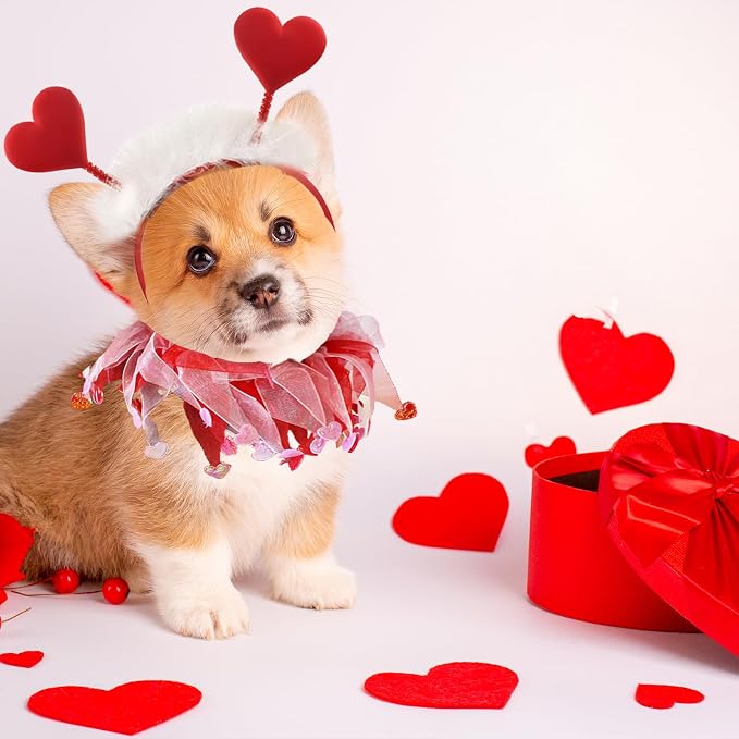 Dog Outfit, Red Glitter Heart Dog Headband and Tutu Collar Costume Set, Valentine’s Party Accessories for Small Medium Large Dogs Style A