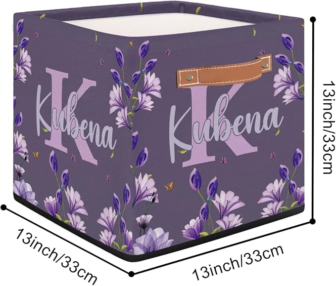 Personalized Name-Initial Purple Flower Storage Baskets for Women Girls, Custom Portable Square Storage Bins with Handles Foldable Organizer for Clothes, Toys, Blanket, Towel,Pet 13”