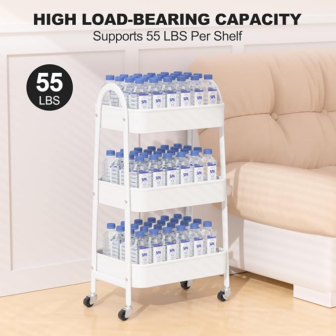 3 Tier Rolling Cart Under Desk, Large Metal Storage Cart with Handle and Lockable Wheels, Big Multifunctional Storage Organizer Trolley for Kitchen, Living Room, Office, Garage (White)