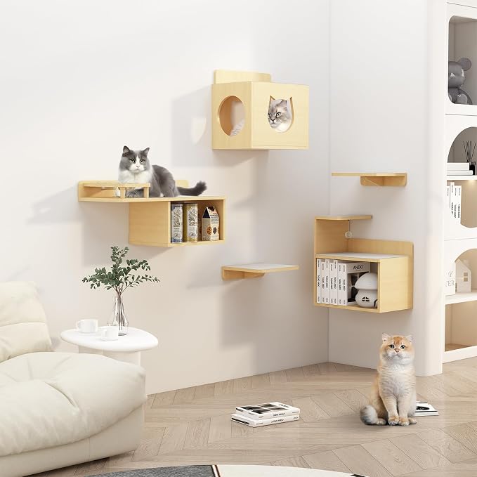 Cat Wall Shelves with Storage, Modern Floating Cat Shelves for Playing, Set of 5 Levels, Wood Color, Wall Mounted Cat Furniture and Perch, Cat Climbing Wall with Two Bowls