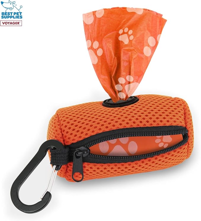 Best Pet Supplies Dog Poop Bag Holder Leash Attachment with Reusable Dispenser for Travel, Walking, Park, and Outdoor Use, Durable with Clip-On - Orange, Mesh Dispenser w/15 Bags