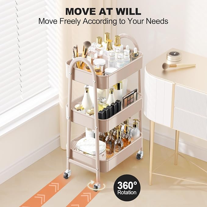 3 Tier Rolling Cart, Large Metal Storage Cart with Handle and Lockable Wheels, Big Multifunctional Storage Organizer Trolley with Mesh Baskets for Kitchen, Living Room, Office, Garage (Beige)
