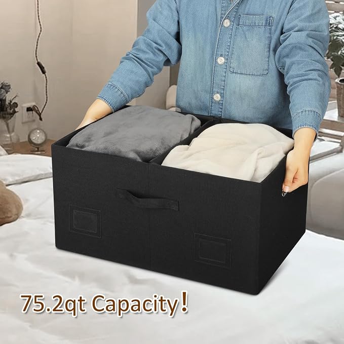 Graciadeco 75 Quarts Extra Large Decorative Storage Bins with Lids, 1 Pack Black Collapsible Storage Bins with Lids, Stackable Storage Bins Decorative Box Storage With Lid Extra Large | 75 Quarts 1 Pack Black Collapsible Stackable Linen Fabric 4 Handle...