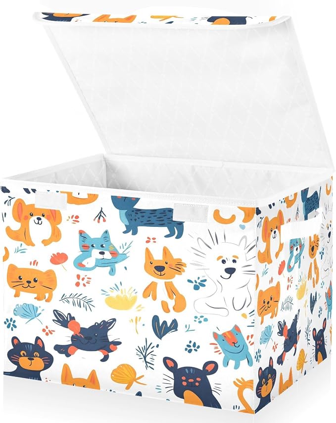 Pets Cats and Dogs Storage Box with Lid and Handles Large Collapsible Fabric Storage Basket Shelf Closet Organizer Bin Holiday Gift Box for Home Bedroom Office