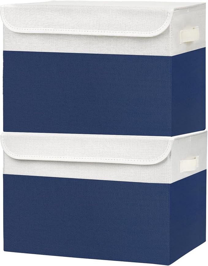 Large 42 Quarts Fabric Storage Bins with Lids [2-Pack] Linen Collapsible Foldable Baskets, Closet Organizer Containers boxes with Handles for Home Office (16.7 x 12 x 12, Navy Blue & White)