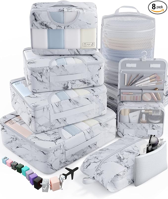 Veken 8 Set Packing Cubes for Travel Essentials, Suitcase Organizer Bags in 4 Sizes, Carry-On Luggage Accessories with Laundry Bag, Airplane Must Have with 99-Count Mesh Holes