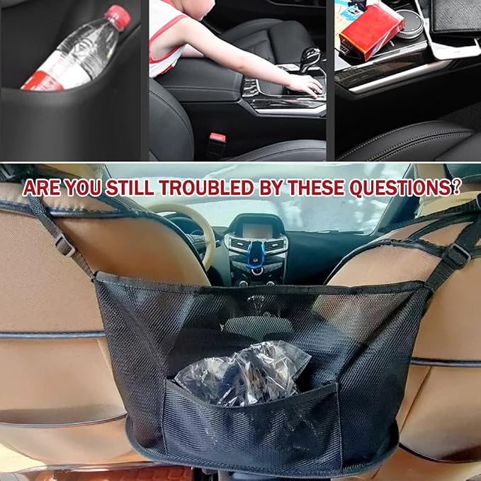Car Net Pocket Handbag Holder - Auto Net Pocket Purse Holder Between Front Seats Car Storage Organizer, Universal Interior Accessories Barrier of Backseat Pet Kids (Black)