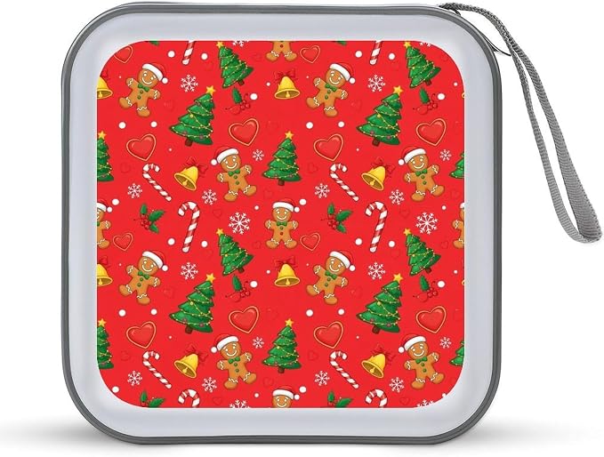 Portable 40-Capacity DVD Storage Binder Red Gingerbread Christmas, Hard Case CD Holder with Zipper, Organizer for Music Movies Game Discs