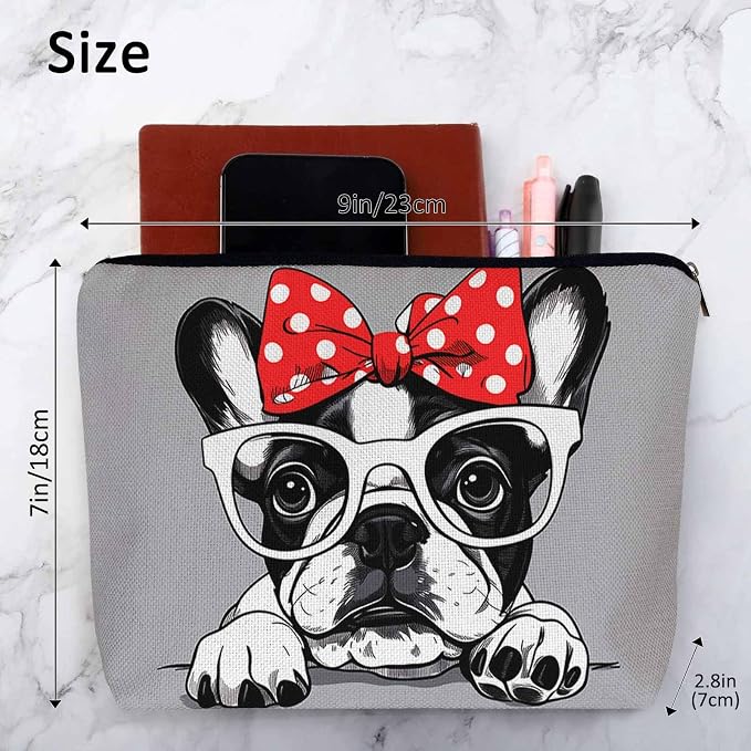 Makeup Bag French Bulldog Makeup Bags For Purse Pouch, Cute Puppy Bulldog Glasses Travel Toiletry Bag Cosmetic Bag Makeup Bags Flax Makeup Organizer Bag Pencil Pouch For Man Woman, Gray