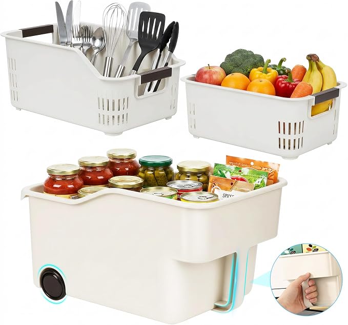 3 Pack PP Organizer with Wheeled Storage box for Kitchen Cabinet Bin | 3 pack organizer kitchen, laundry, garage at once; organizer with rolling wheels glide out from high cabinets easily