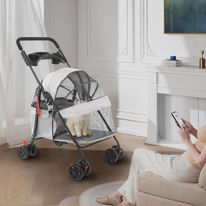 Pet Stroller for Small Medium Dogs Up to 40lbs, 4 Wheels Folding Pet Carriage Cart for Dogs Cats, Portable Cat Puppy Jogging Stroller with Rear Pocket and Cup Holder (Upgraded, Light Gray)