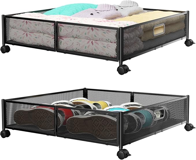 Under Bed Storage with Wheels & Handle,Metal,Large,2 Pack,Black | Tool-free assembly, glide smoothly, easy reach, foldable, maxmazie low-profile beds, dorm, keep seasonal clothes, shoes fresh