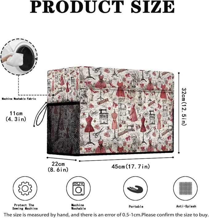 Retro Sewing Elements Sewing Machine Cover with Storage Pocket, 17.7 x 8.6 x 12.6 inches, Heavy-Duty Water-Resistant Fabric, Dust & Pet Hair Protection, Fits Brother, Singer, Janome