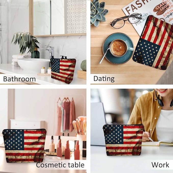 Women Makeup Organizer Bag American Flag Grunge USA Flag United Stats Of America Flax Cosmetic Bag Makeup Bags Toiletry Bag Accessories Organizer Travel Bags For Home Bathroom Office