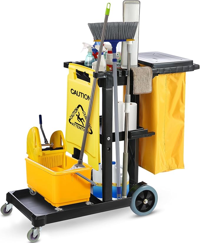 Cleaning Cart, Janitorial Cart, Cleaning Caddy with Wheels, Janitor, 440 Lb | Houseables for Housekeeping, Custodian, House Keeping, Maintenance, Rolling Supply Organizer, Custodial, Maid, Commercial