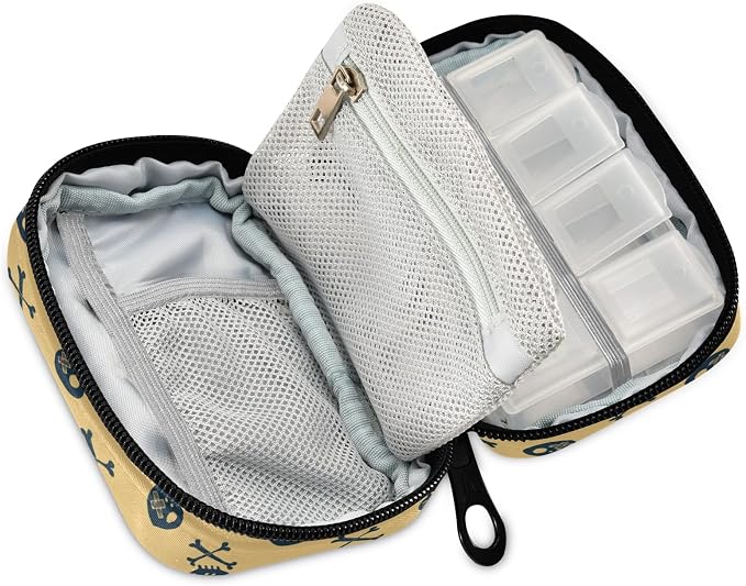 Skulls and Bones Pill Box 7 Day Pill Case Travel Pill Organizer Bag with Zipper Portable Weekly Case Compact Size for Vitamin Supplement Holder